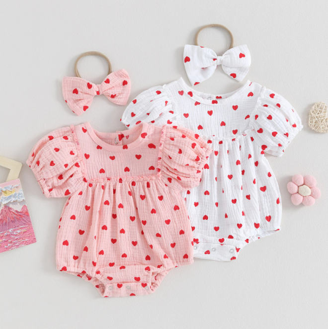 The Elaina - Baby Girl Heart Print Jumpsuit with Bow Headband Set