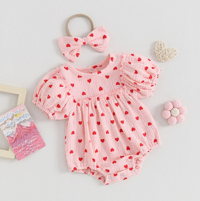 The Elaina - Baby Girl Heart Print Jumpsuit with Bow Headband Set