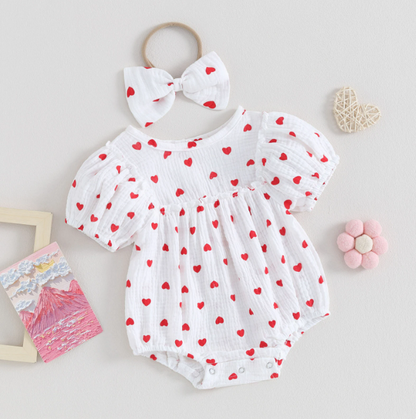 The Elaina - Baby Girl Heart Print Jumpsuit with Bow Headband Set