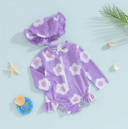 The Mabel - Baby Girl Cute Purple Ruffle Long Sleeve Swimwear