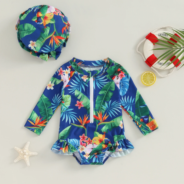 The Lucille - Baby Girl Princess Flower Print Zipper Beachwear