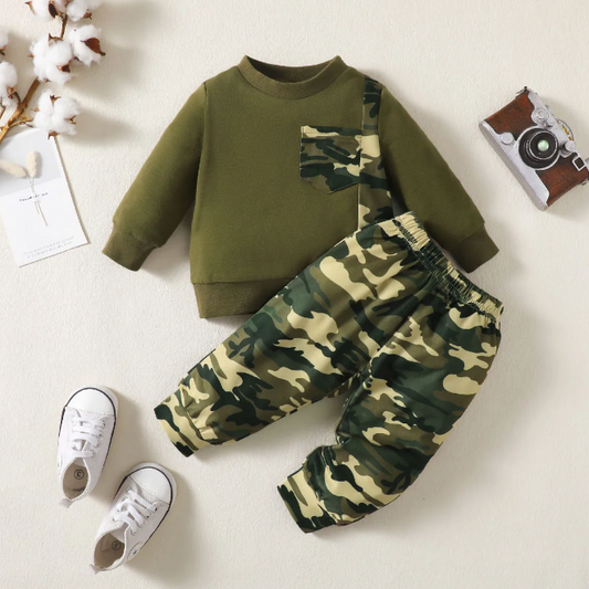 The Mateo - Baby Boy Camouflage Stitching Round Neck Sweatshirt And Pants Set