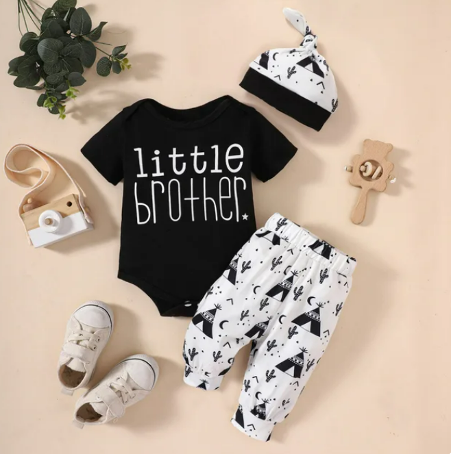 The William - Baby Boy Little Brother Letter Printed Round Neck Short Sleeves and Long Pants