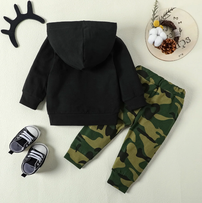 The Alexander - Baby Boy Black Long Sleeved Hoodie + Camouflage Pants