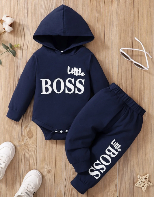 The Hollis - Baby Unisex Navy Blue Little Boss Hoodie + Pants