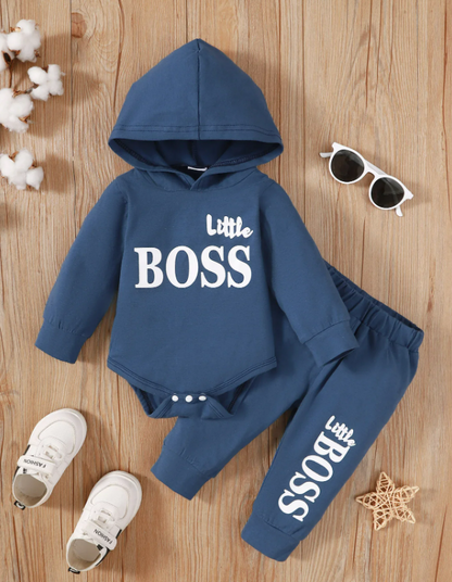 The Hollis - Baby Unisex Blue Little Boss Hoodie + Pants