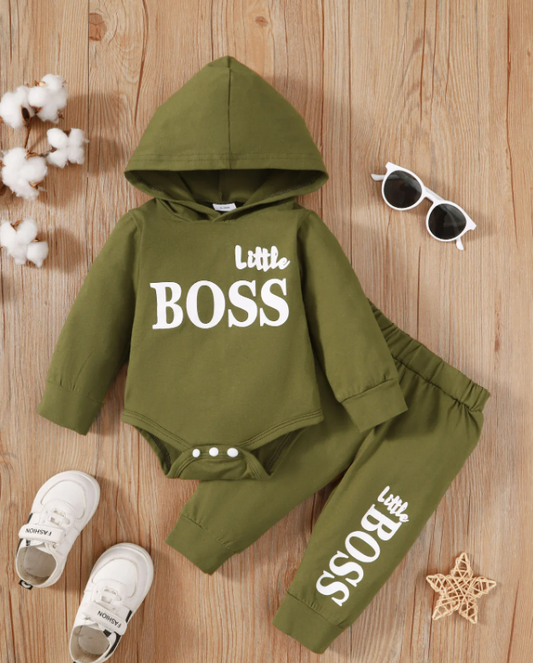 The Hollis - Baby Unisex Green Little Boss Hoodie + Pants