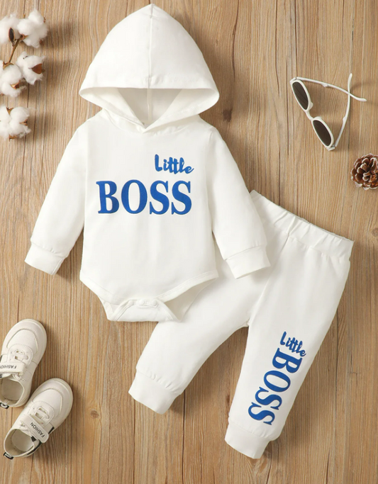 The Hollis - Baby Unisex White Little Boss Hoodie + Pants