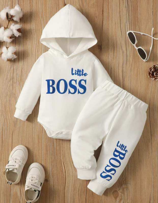 The Hollis - Baby Unisex White Little Boss Hoodie + Pants