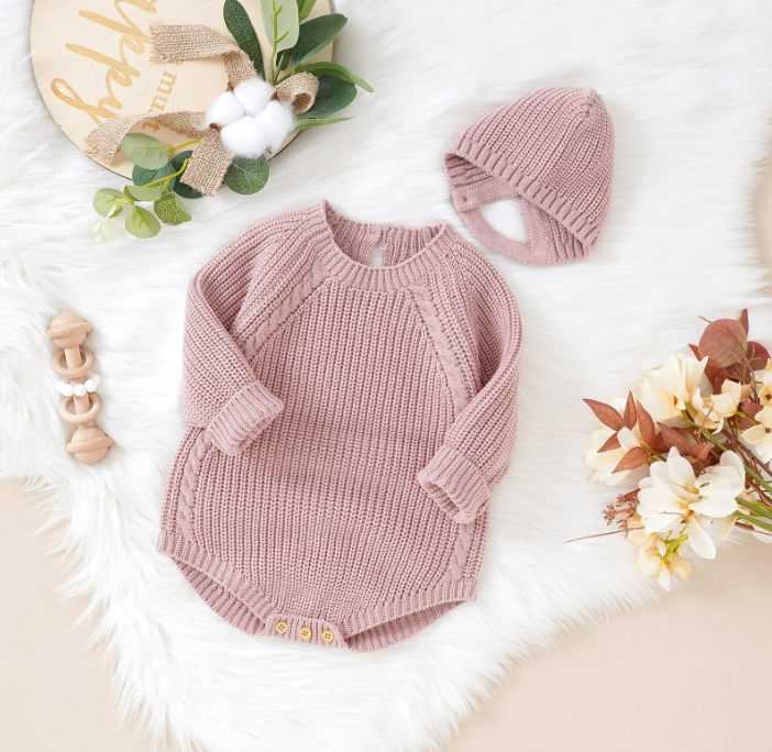 The John - Baby Unisex Warm Knit Jumpsuit Long Sleeve Soft Outfits + Hats