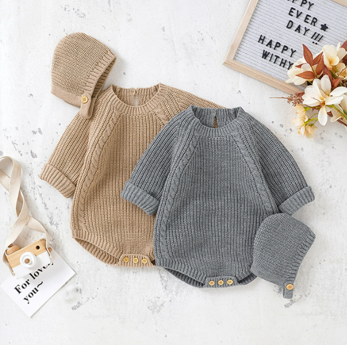 The John - Baby Unisex Warm Knit Jumpsuit Long Sleeve Soft Outfits + Hats