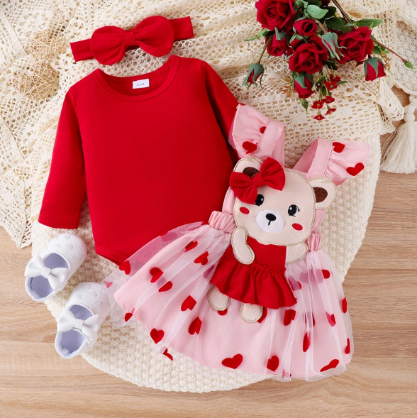 The Piper - Baby Girl Long Sleeve Red Romper Heart Print Skirt & Headband