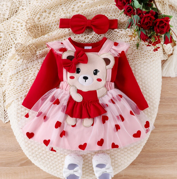 The Piper - Baby Girl Long Sleeve Red Romper Heart Print Skirt & Headband