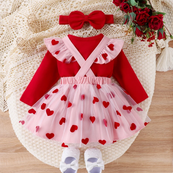 The Piper - Baby Girl Long Sleeve Red Romper Heart Print Skirt & Headband