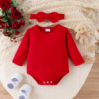 The Piper - Baby Girl Long Sleeve Red Romper Heart Print Skirt & Headband