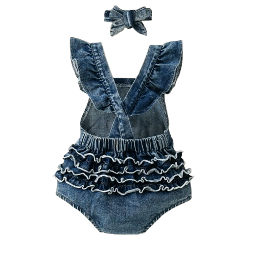 The Brielle - Baby Girl Cotton Denim Shirred Trim Sleeveless Jumpsuit