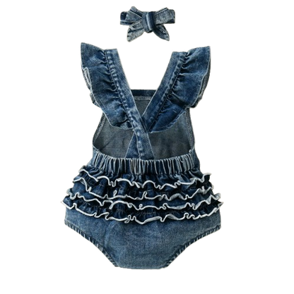 The Brielle - Baby Girl Cotton Denim Shirred Trim Sleeveless Jumpsuit