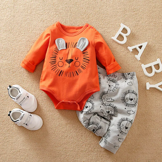 The David - Baby Boy Orange Lion Print Long Sleeve with Pants