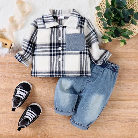 The Joseph - Baby Boy Patch Pocket Long-sleeve Plaid Shirt and Denim Jeans