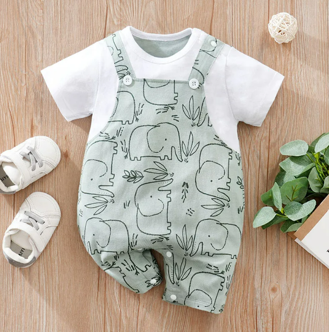 The Waylon - Baby Unisex Elephant Print Turquoise Baby Romper