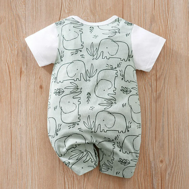 The Waylon - Baby Unisex Elephant Print Turquoise Baby Romper