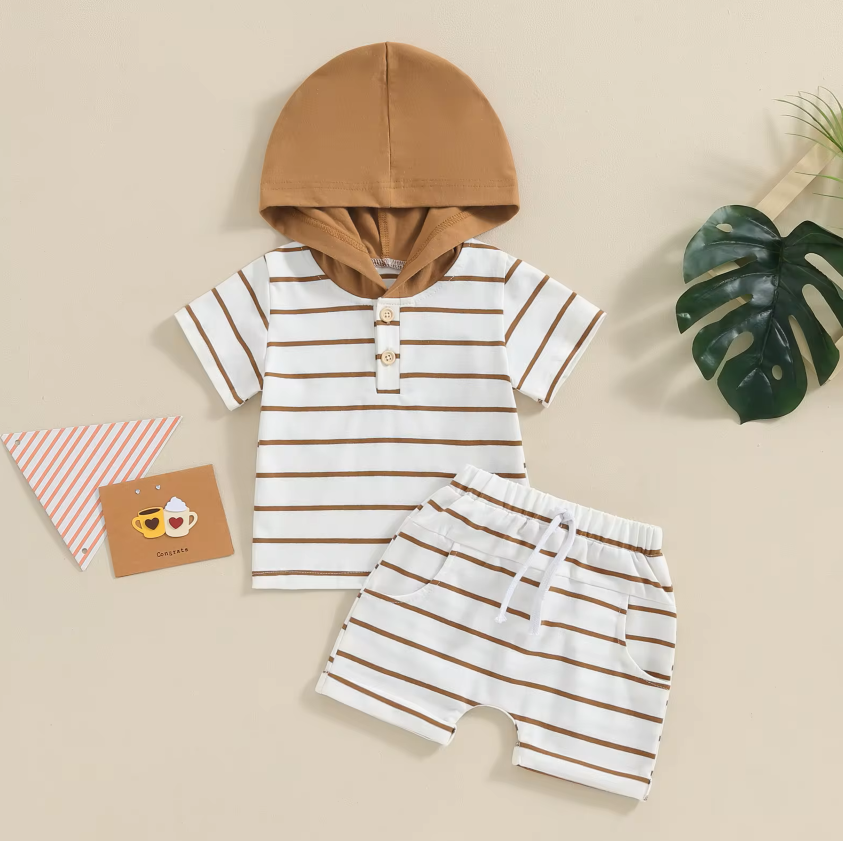 The Eiden - Baby Boy Stripe Print Short Sleeve Hood T-Shirt + Elastic Waist Shorts