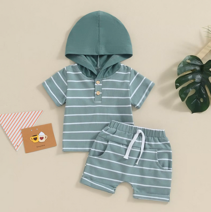 The Eiden - Baby Boy Stripe Print Short Sleeve Hood T-Shirt + Elastic Waist Shorts