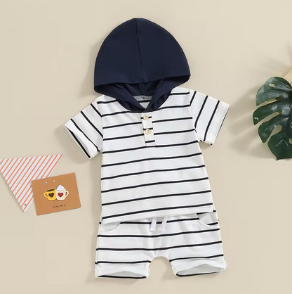 The Eiden - Baby Boy Stripe Print Short Sleeve Hood T-Shirt + Elastic Waist Shorts