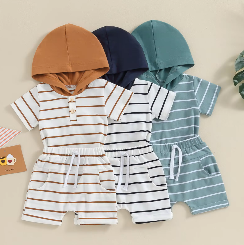 The Eiden - Baby Boy Stripe Print Short Sleeve Hood T-Shirt + Elastic Waist Shorts