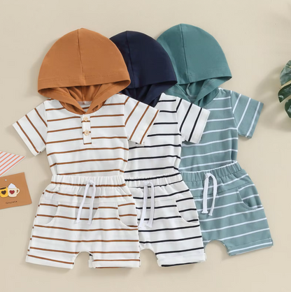 The Eiden - Baby Boy Stripe Print Short Sleeve Hood T-Shirt + Elastic Waist Shorts