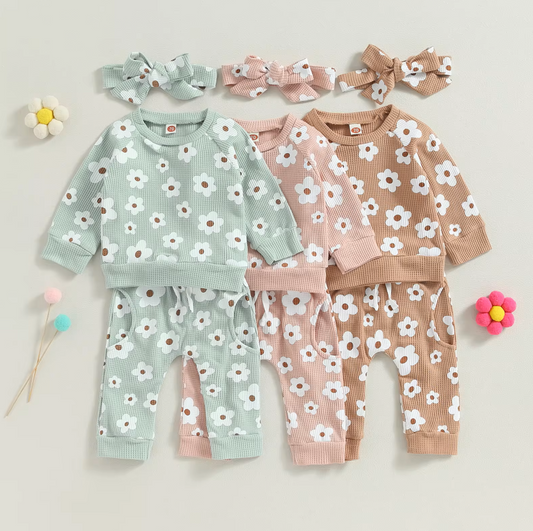 The Kaeli - Baby Girl Princess Floral Long Sleeve Sweatshirt Tops +  Pants Bow + Headband