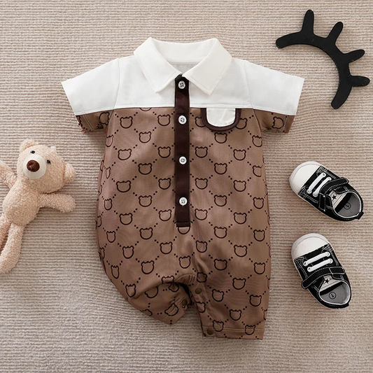 The Jose - Baby Unisex Bear Print Patchwork Short Sleeved Jumpsuit