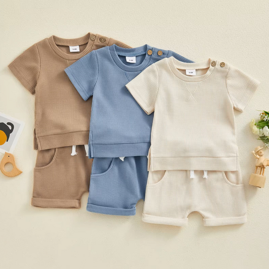 The Landon - Baby Boy Short Sleeve Crewneck Tops and Solid Color Drawstring Shorts