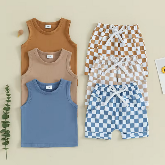 The Emiliano - Baby Boy Solid Sleeveless Tank Tops Checkerboard & Elastic Waist Shorts