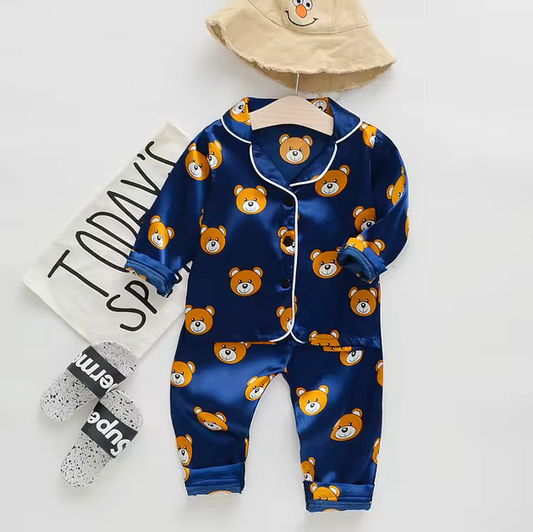 The Aziel - Baby Navy Blue Bear Print Pajamas Set