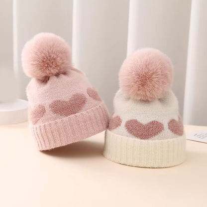 The Halo - Baby Fur Pompom Heart Printed Hat