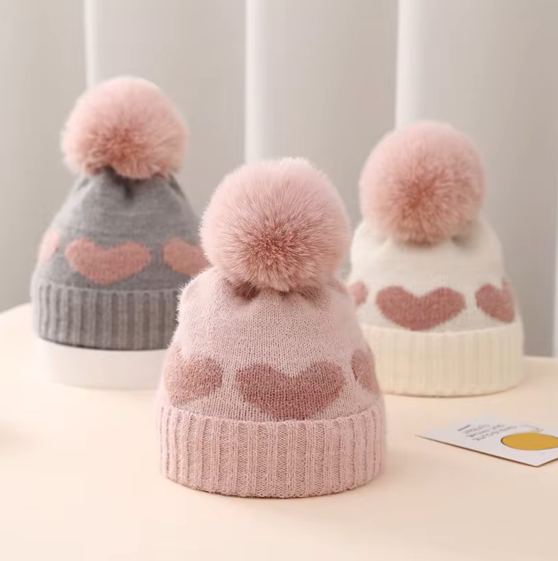 The Halo - Baby Fur Pompom Heart Printed Hat