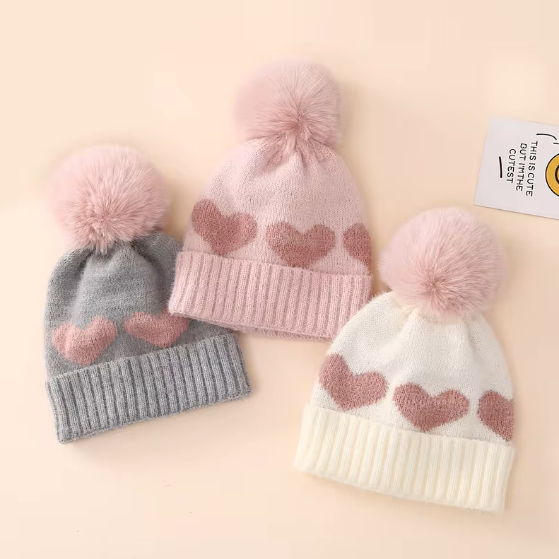 The Halo - Baby Fur Pompom Heart Printed Hat