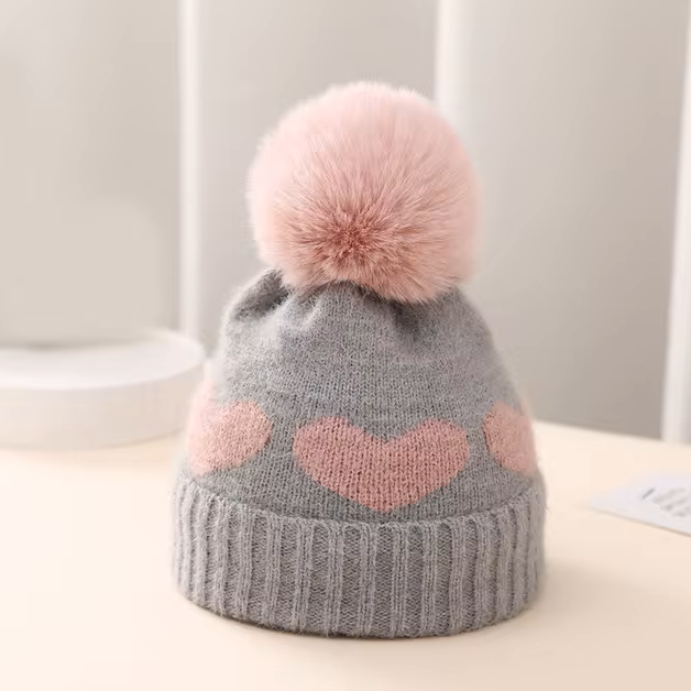 The Halo - Baby Fur Pompom Heart Printed Hat