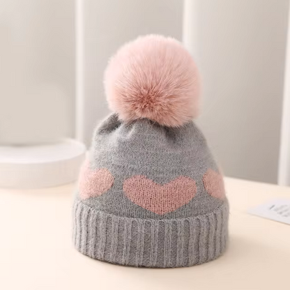 The Halo - Baby Fur Pompom Heart Printed Hat