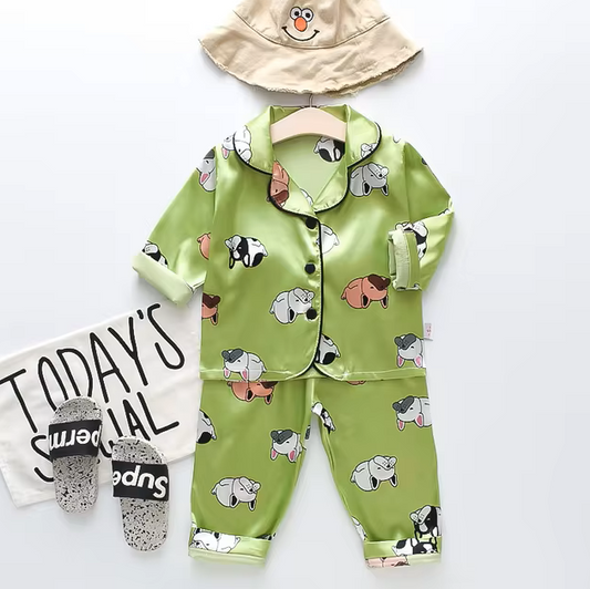 The Jodie - Baby Unisex Cute Print Pajamas Set - Green Lazy Dog Print