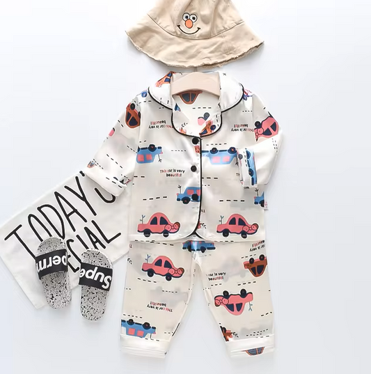 The Jodie - Baby Unisex Cute Print Pajamas Set - Beige Cars Print