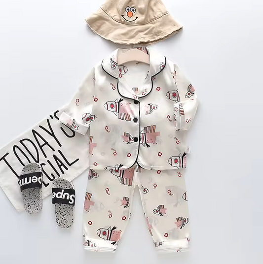 The Jodie - Baby Unisex Cute Print Pajamas Set - Beige Spaceship Print