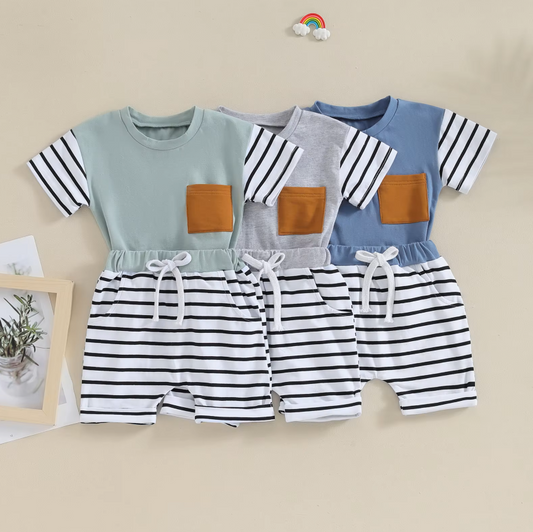 The Jahmir - Baby Boy Short Sleeve Crew Neck Pocket T-shirt with Striped Shorts