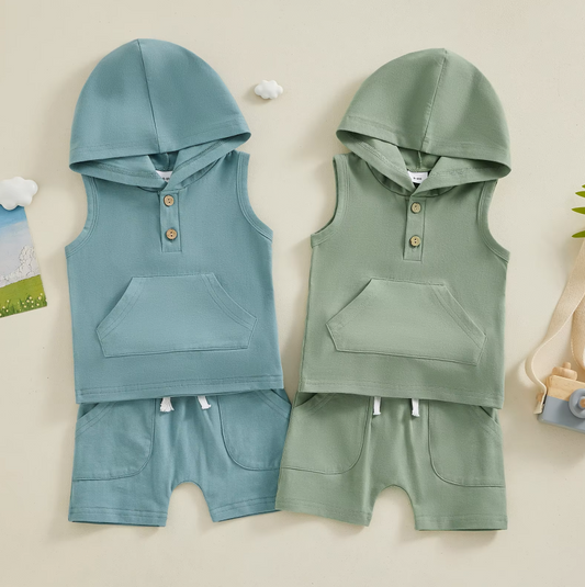 The Jesiah - Baby Boy Solid Color Hooded Vest + Elastic Waist Shorts