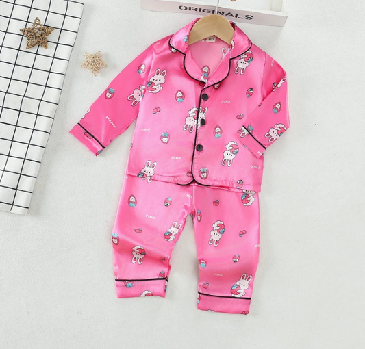 The Maeve - Baby Girl Cute Print Pajamas Set - Dark Pink Rabbit Print