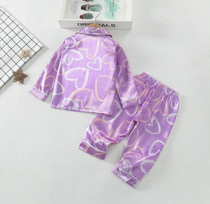 The Maeve - Baby Girl Cute Print Pajamas Set - Purple Heart Print