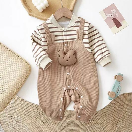 The Shannon - Baby Unisex Waffle Striped Cartoon Bear  Jumpsuits