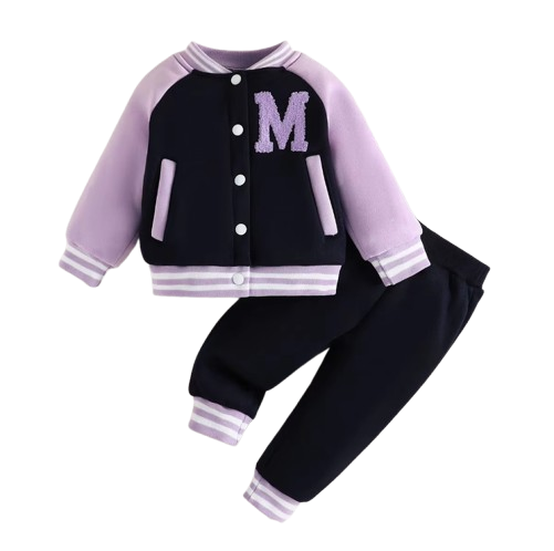 The Ophelia - Baby Girl Purple Letter M Baseball Button Jacket + Pants