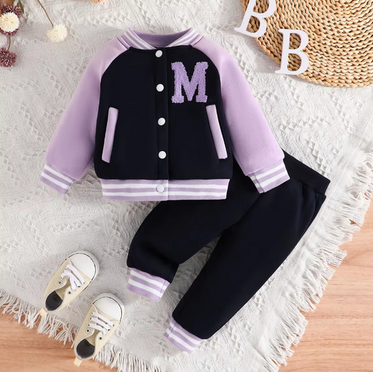 The Ophelia - Baby Girl Purple Letter M Baseball Button Jacket + Pants